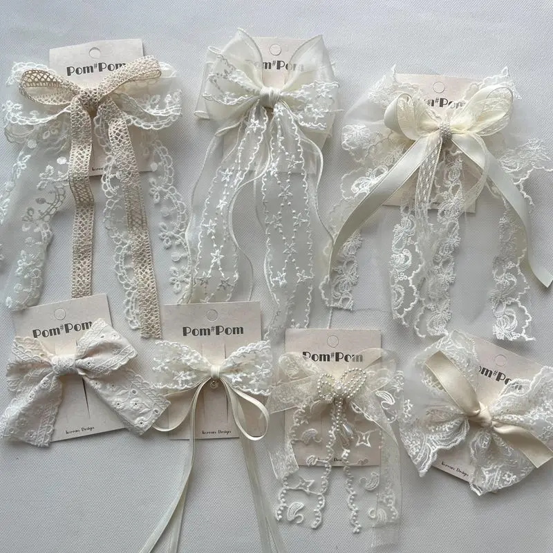 

Korean Style Lace Large Bow Hair Clips Girls Hairpin with Long Tail Ribbon Tulle Baby Toddler Daily Hair Accessories W032