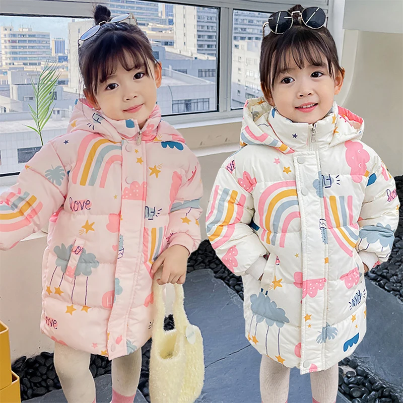 Winter Long Style Boys Girls Down Jackets Keep Warm Cotton Coat Autumn Hooded Windbreaker Outerwear for 2-7 Years Kids Clothes