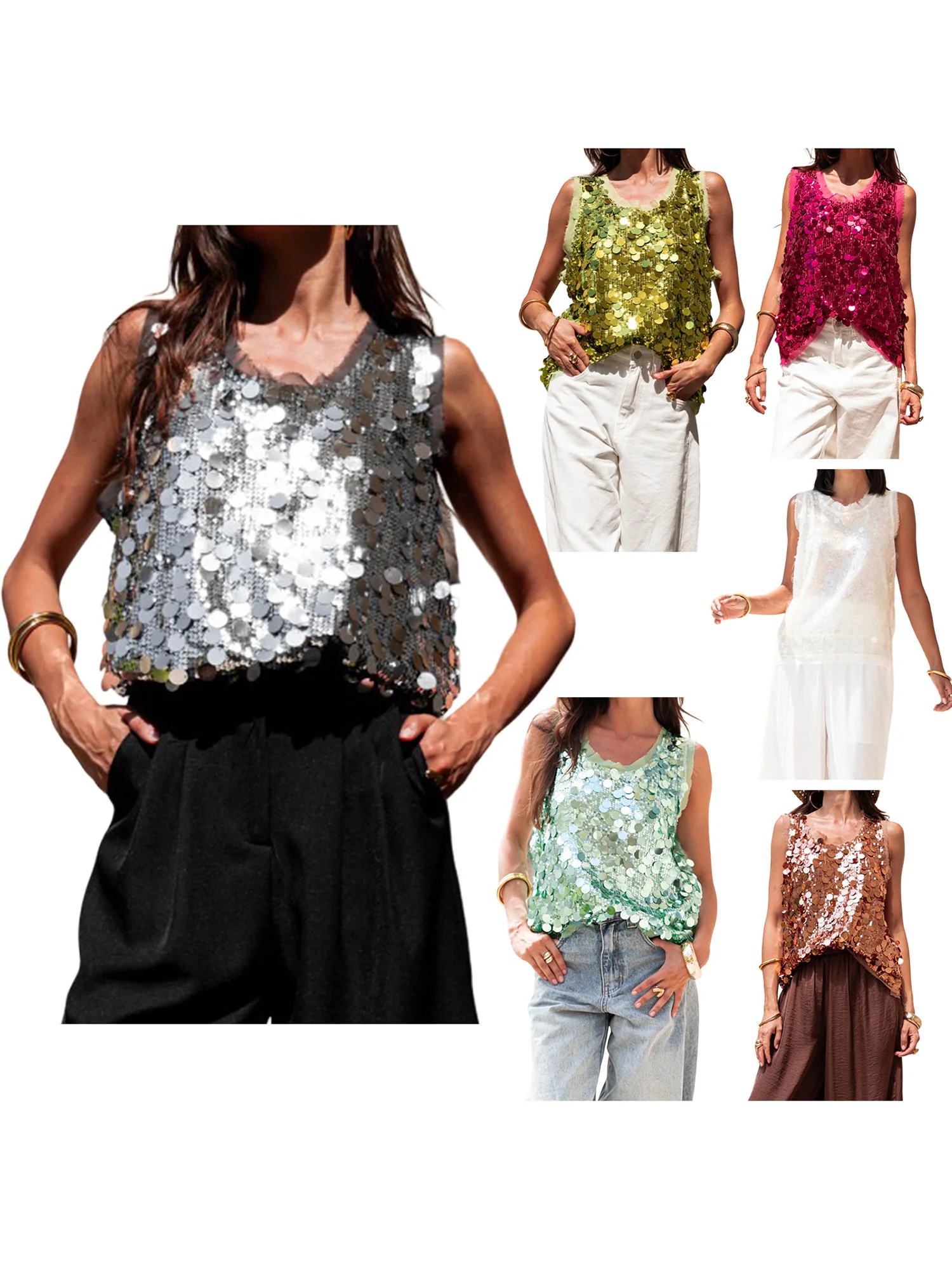 Blusa feminina elegante sem mangas com lantejoulas brilhantes e decote redondo perfeita para festas e eventos de verão