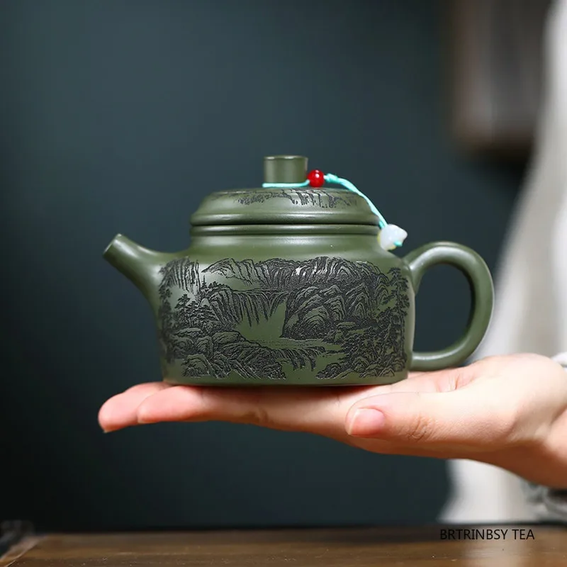 

240ml Chinese Tradition Yixing Purple Clay Teapot Handmade landscape Zisha Tea Pot Raw Ore Green Mud Kettle Household Teaware