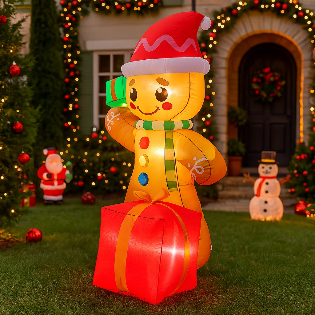 6-stopowy nadmuchiwany ludzik piernikowy z prezentami, dekoracje świąteczne do domu, na podwórko, ozdoby bożonarodzeniowe, dekoracje LED, artykuły świąteczne na zewnątrz