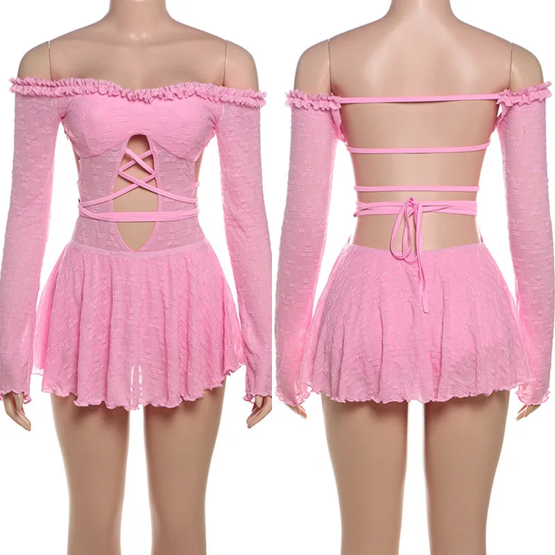 Mini abito aderente sexy con spalle scoperte Abito da donna a maniche lunghe con scollo a barchetta Scava fuori Abiti da festa per night club senza schienale con lacci Y2K