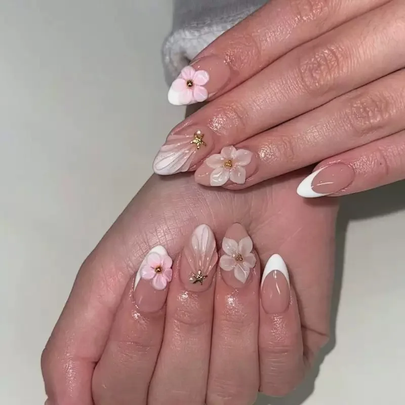 24Pcs Peach Blossom Fake Nails Press on Almond False Nails Removable Full Cover Nail Tips Wearable Finished Fingernails Nail Art