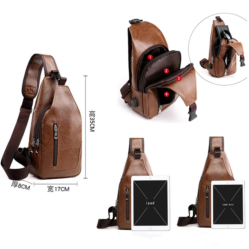 Male USB Charging Shoulder Crossbody Chest Bag For Men Anti Theft Chest Waist Pack Trip Messenger Bags Single Strap Back Bag