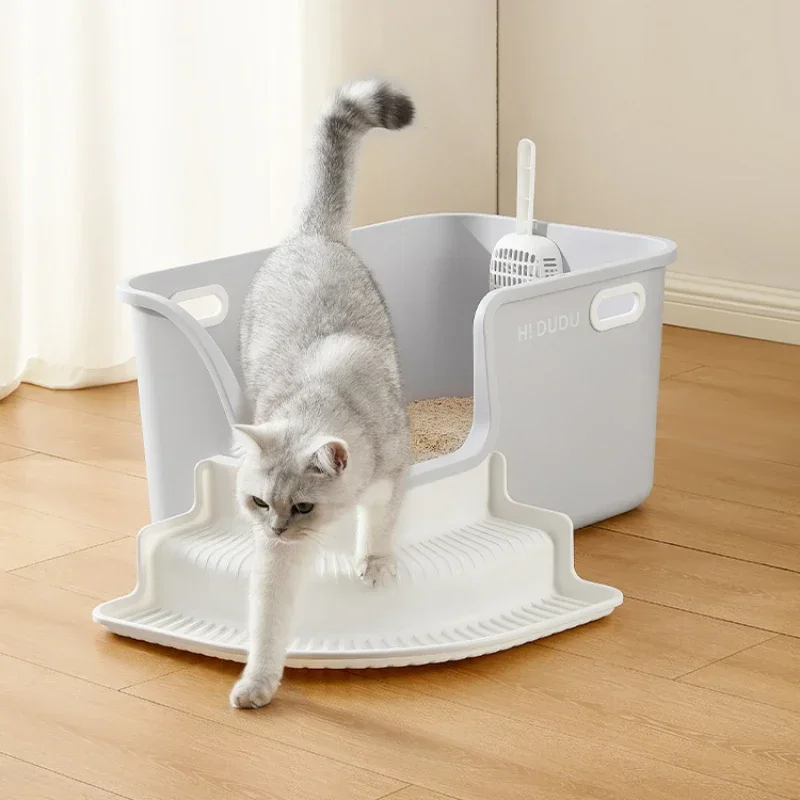 

Semi-Closed Cat Litter Box Plus High Basin Body with Bilateral Handle Large Space Sandbox for Cats，Covered Cat Toilet