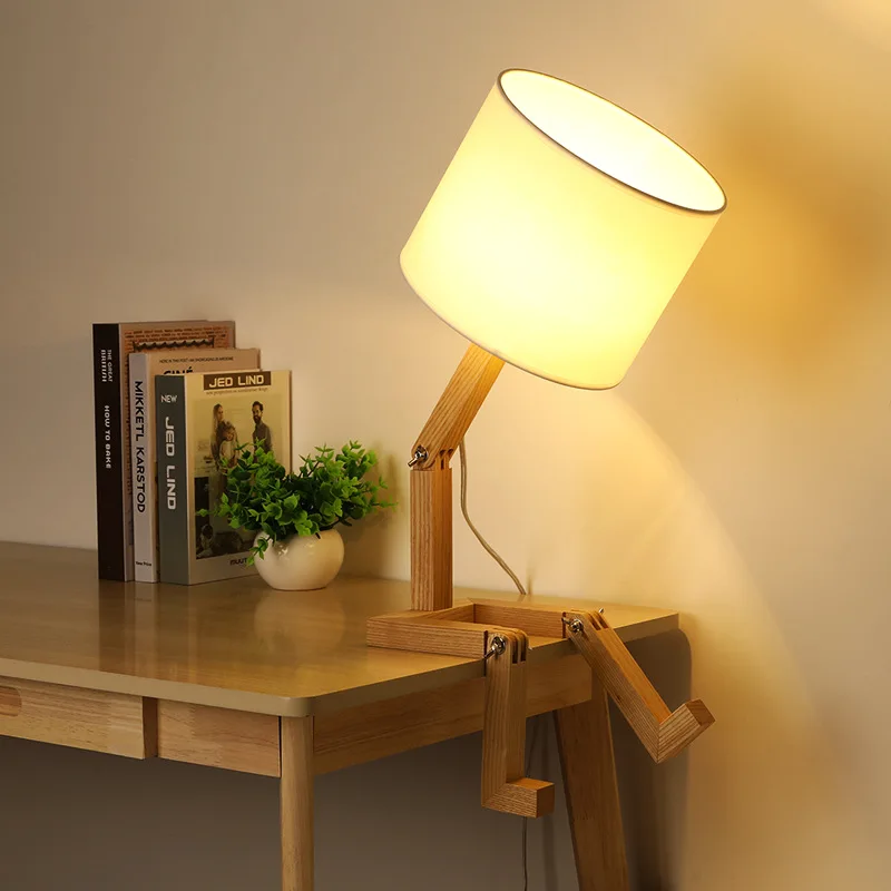 Modern Robot Shape Wooden Table Lamp Holder 110-240V Cloth Art Wood Desk Table Light Parlor Indoor Study Night Light E14 Lamp