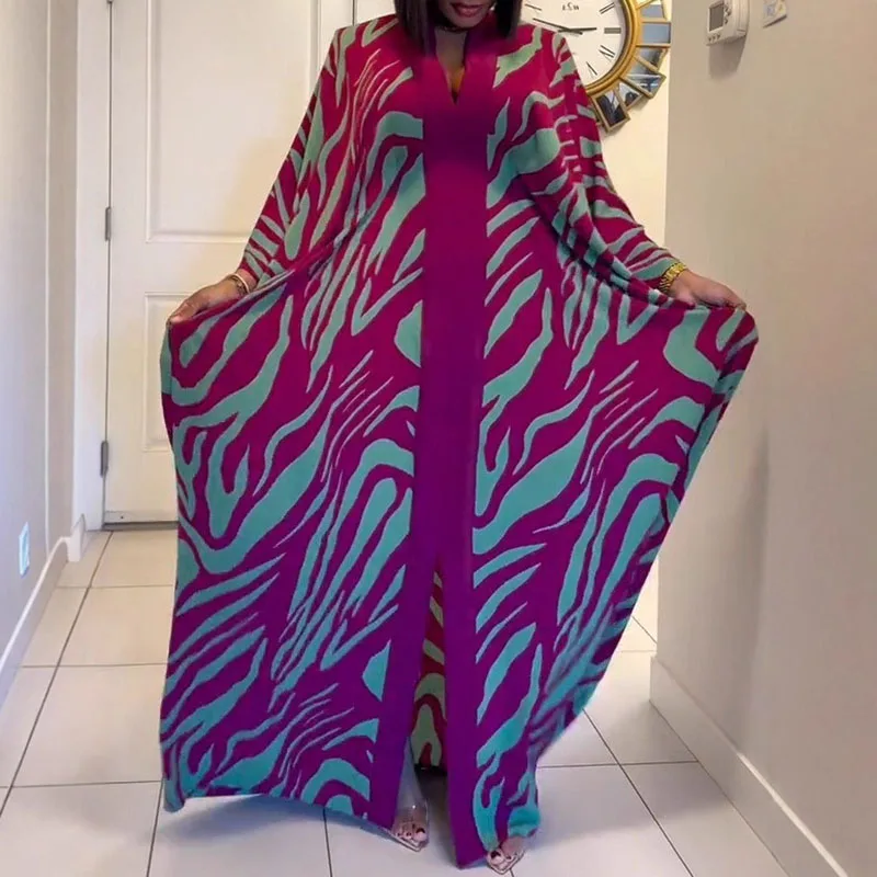 Woman Autumn Long Sleeve Swing Boho Dresses 2025 New Vacation Beach Cape Maxi Dress Vintage Pattern Print Loose Split Long Dress