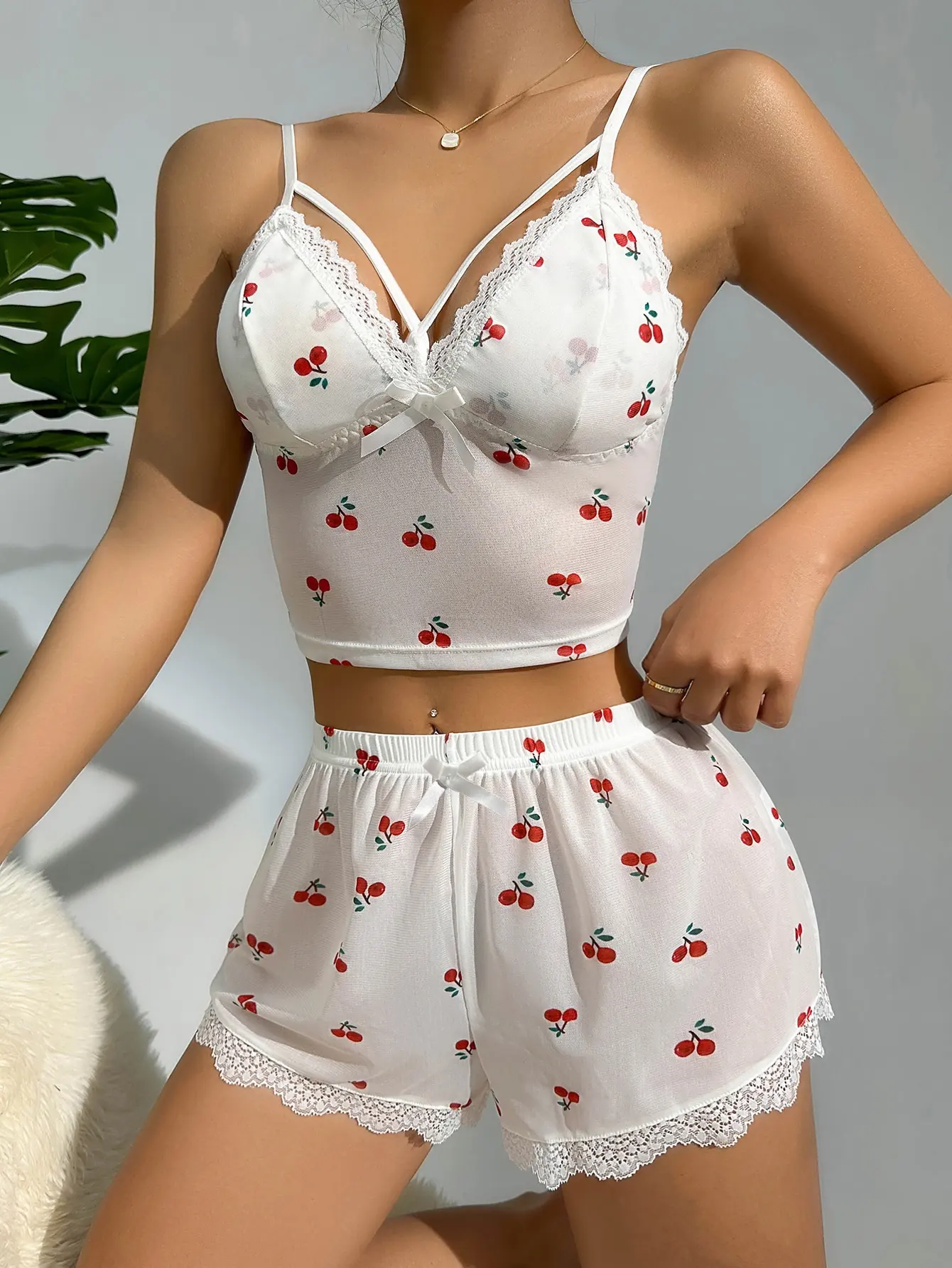 2PCS Cherry Print Sling Deep V BacklessTop White Shorts Set Summer New Women Breathable Sexy Cute Pajama Set Homewear Pajamas