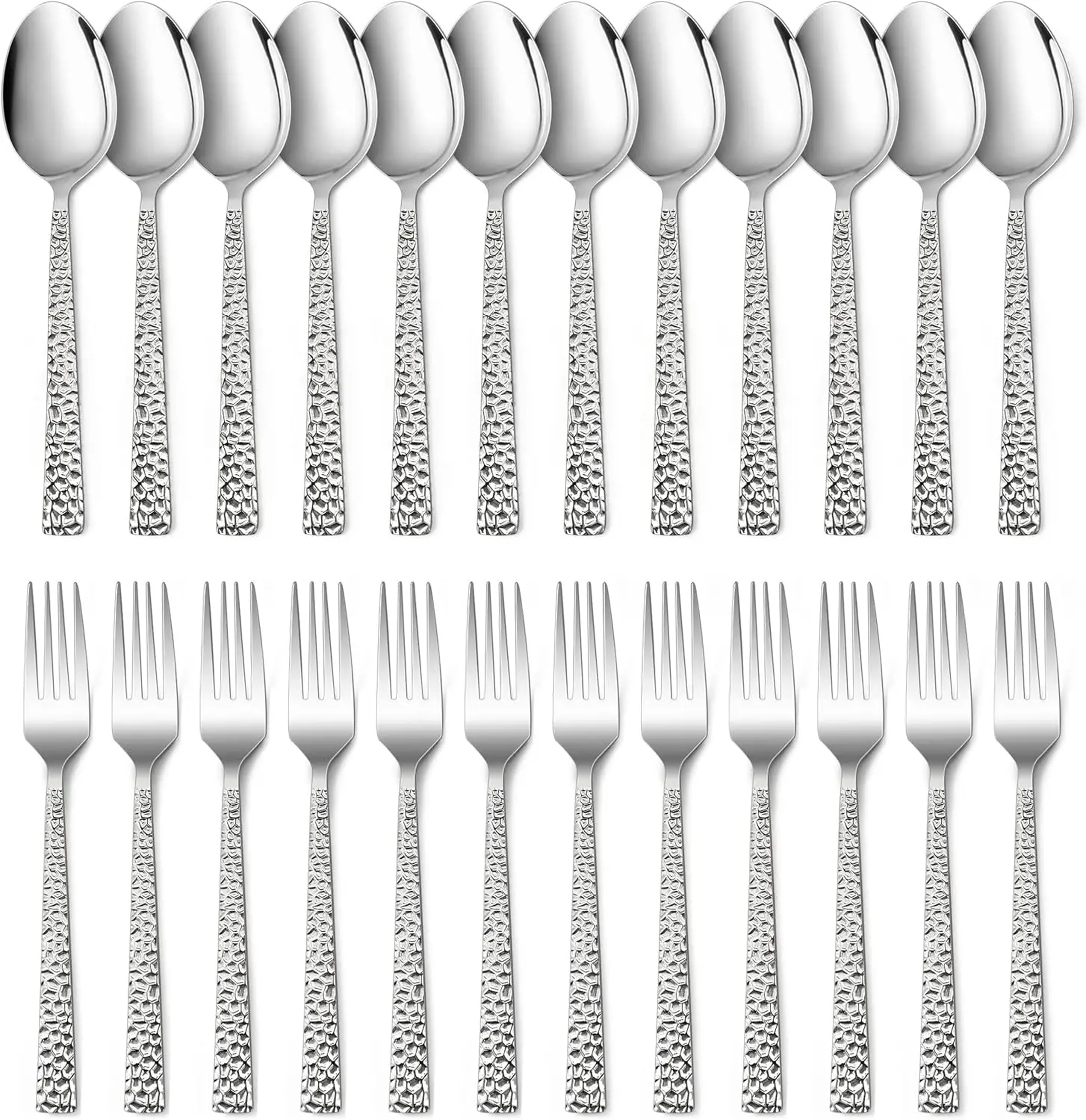 

24-Piece Hammered Stainless Steel Silverware Set, 12 Forks & 12 Spoons, Dishwasher Safe for Kitchen and Restaurant