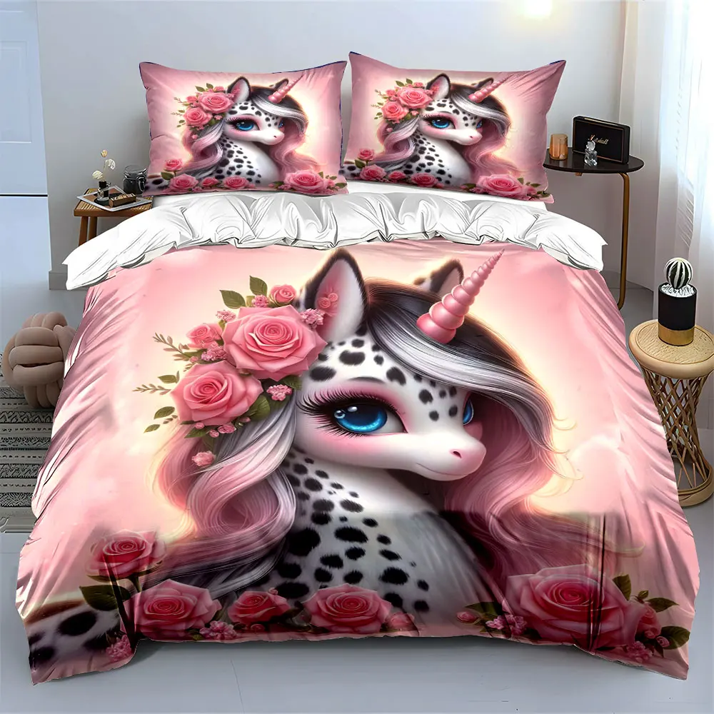 Pink Fantasy Unicorn Pattern Duvet Cover Print Bedding Set 1 Duvet Cover 2 Pillowcases for Adult and Children Luxury Gift