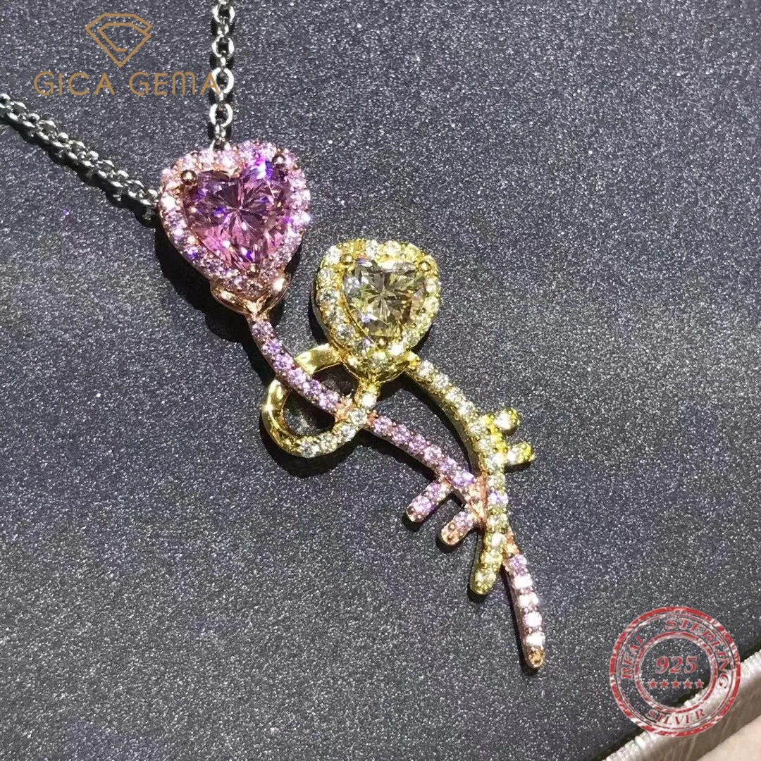 

Gica Gema New Trendy 100% 925 Sterling Silver 2CT Citrine Pink Full Diamond Romantic Heart Pendant Necklaces Women Party Gifts