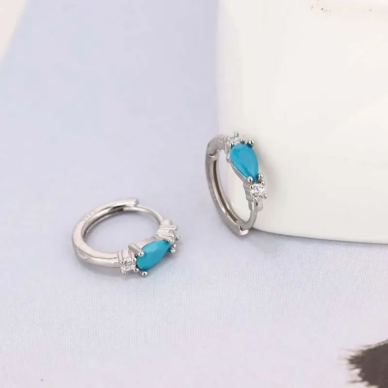 Silver Color Blue Turquoise Drop Hoop Earrings for WomenGeometric Enamel Fashion Jewelry Gift Wholesale