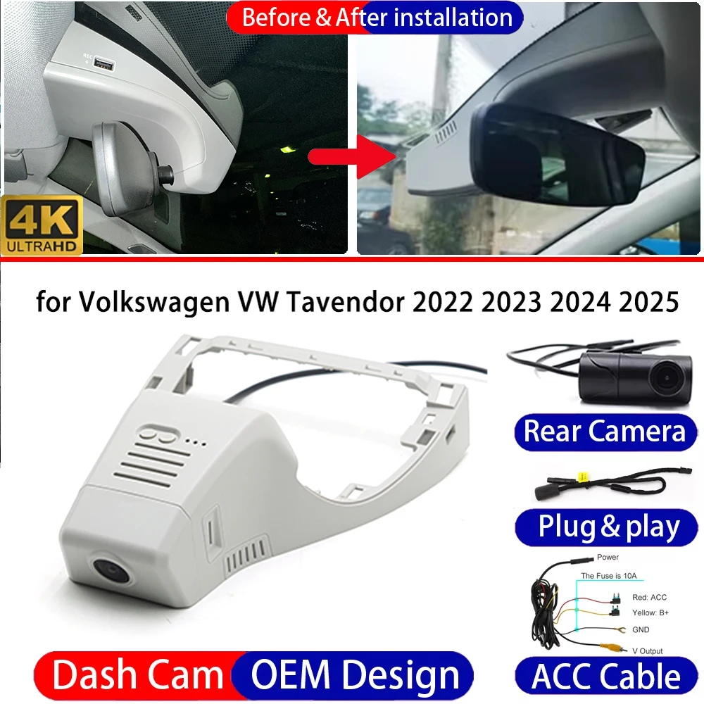 Dash Cam for Volkswagen VW Tavendor 2022 2023 2024 2025 Front＆Rear 4K UHD DVR Dashboard Camera Video Drive Recorder Night Vision
