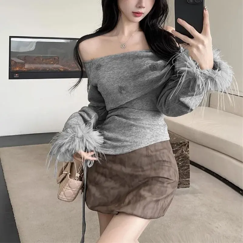 

Hotsweet нерегулярные тонкие футболки на шнурке, женская одежда, однотонные осенние модные пуловеры с открытыми плечами с разрезом на шее