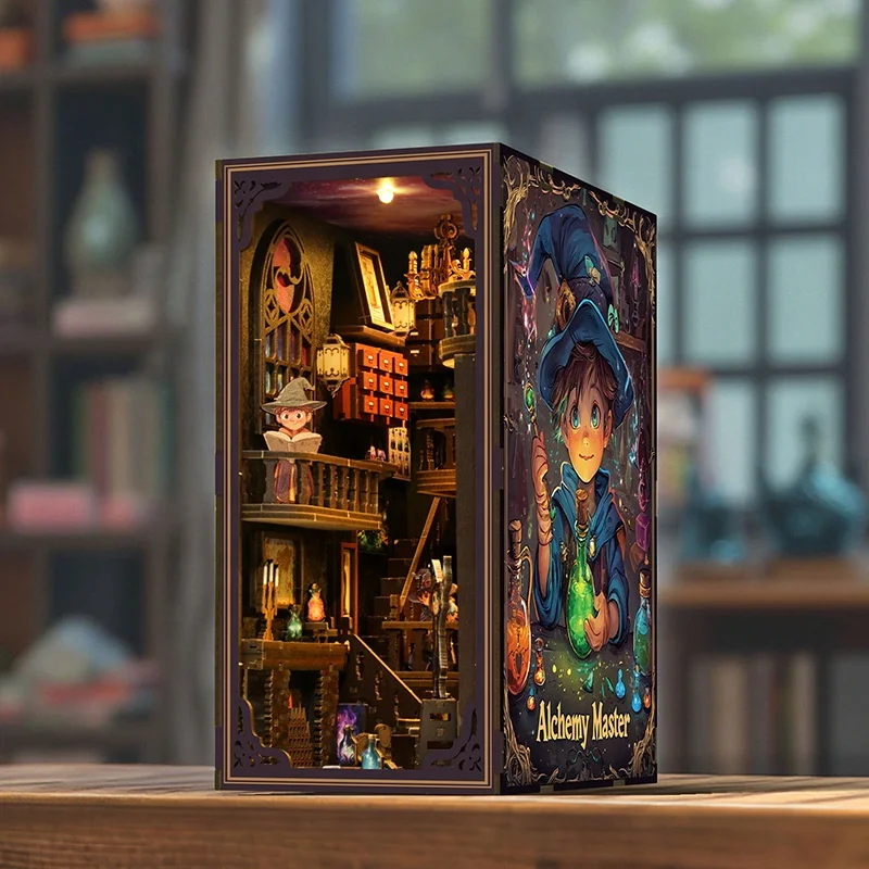 NOWOŚĆ DIY Book Nook Półka Zestawy wkładek Alchemy Master Półka na książki Drewniane miniaturowe zestawy modeli Ręcznie robione podpórki do książek Przyjaciele Prezenty urodzinowe