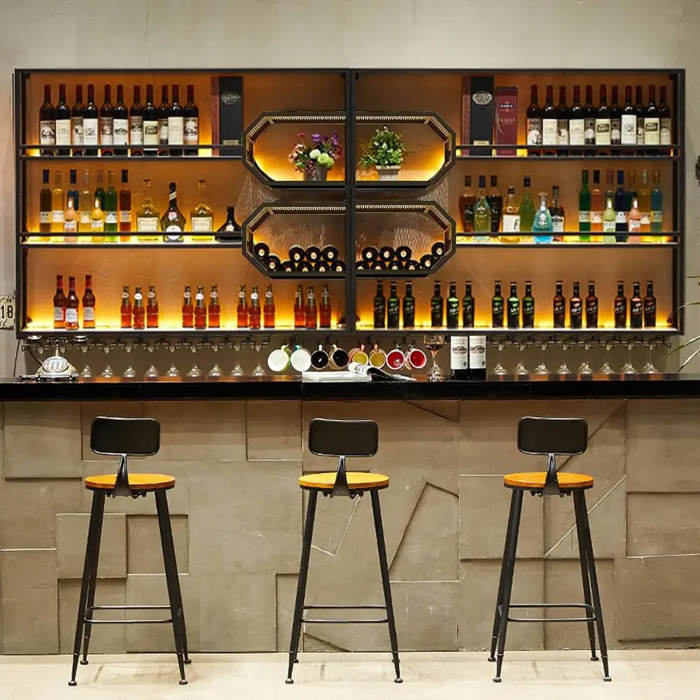 78.7 Wall-Mounted 4-Tier Wine Rack with LED Light, Liquor Bottle Floating Shelves for Home Bar & Dining Room Storage