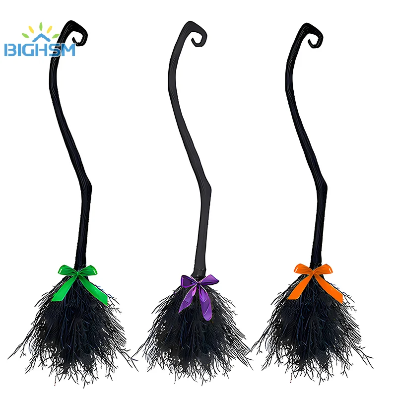 89/128cm 2024 Witch Exquisite Black Broom With Ribbon Fashion Halloween Decoration Party Favor Photo Booth Accessories