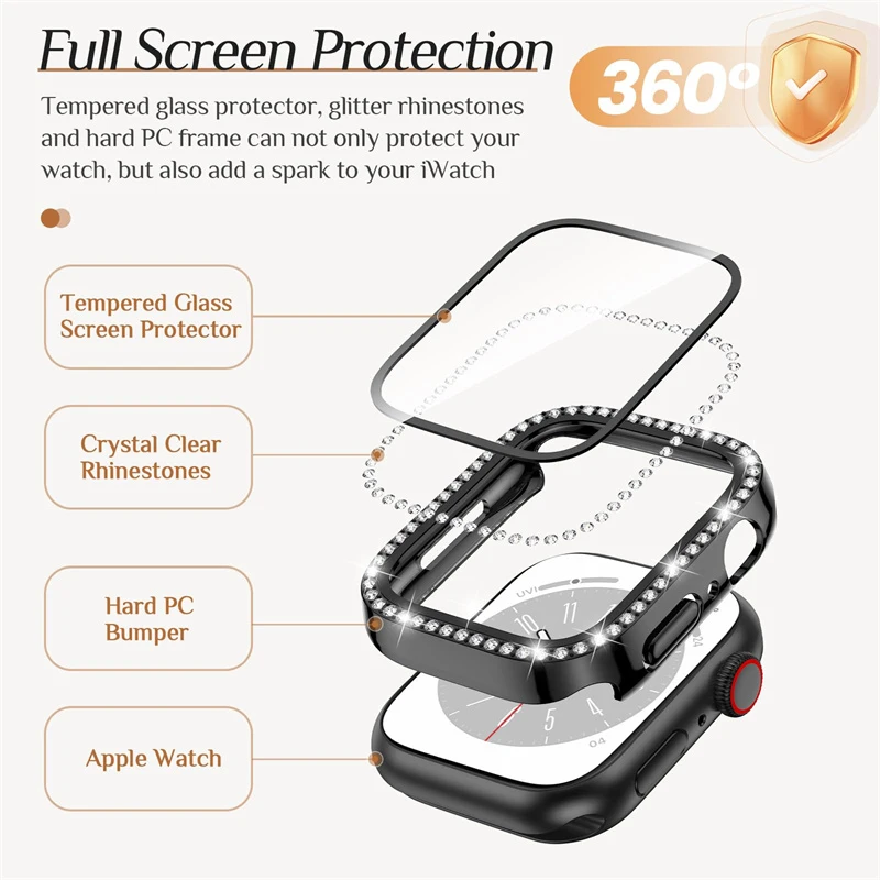 غطاء من الزجاج المقسى والماس لساعة أبل ، شاشة بلينغ ، ممتص الصدمات لسلسلة iWatch 9 ، 5 ، 6 ، 7 ، 8 ، SE ، 4 ، 40 ، 44 ، 41 ، 45 أو