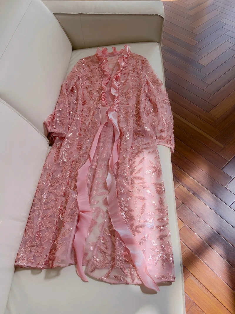 

Ele средней длины с вышивкой из бисера, роскошный открытый кардиган, утренний халат, верхняя одежда, корейская юбка трапециевидной формы с высокой талией