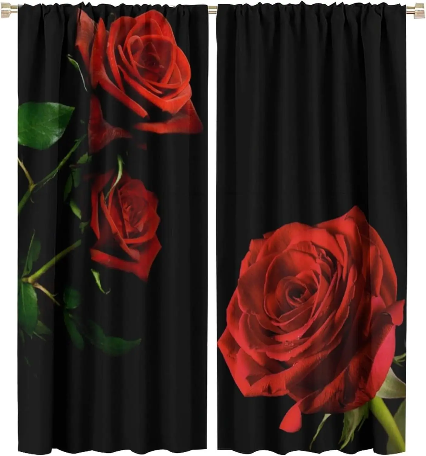 Red Rose Floral Curtains, Romantic Black Red Rose Flower Rod Pocket Window Treatments Drapes for Woman Bedroom Living Room