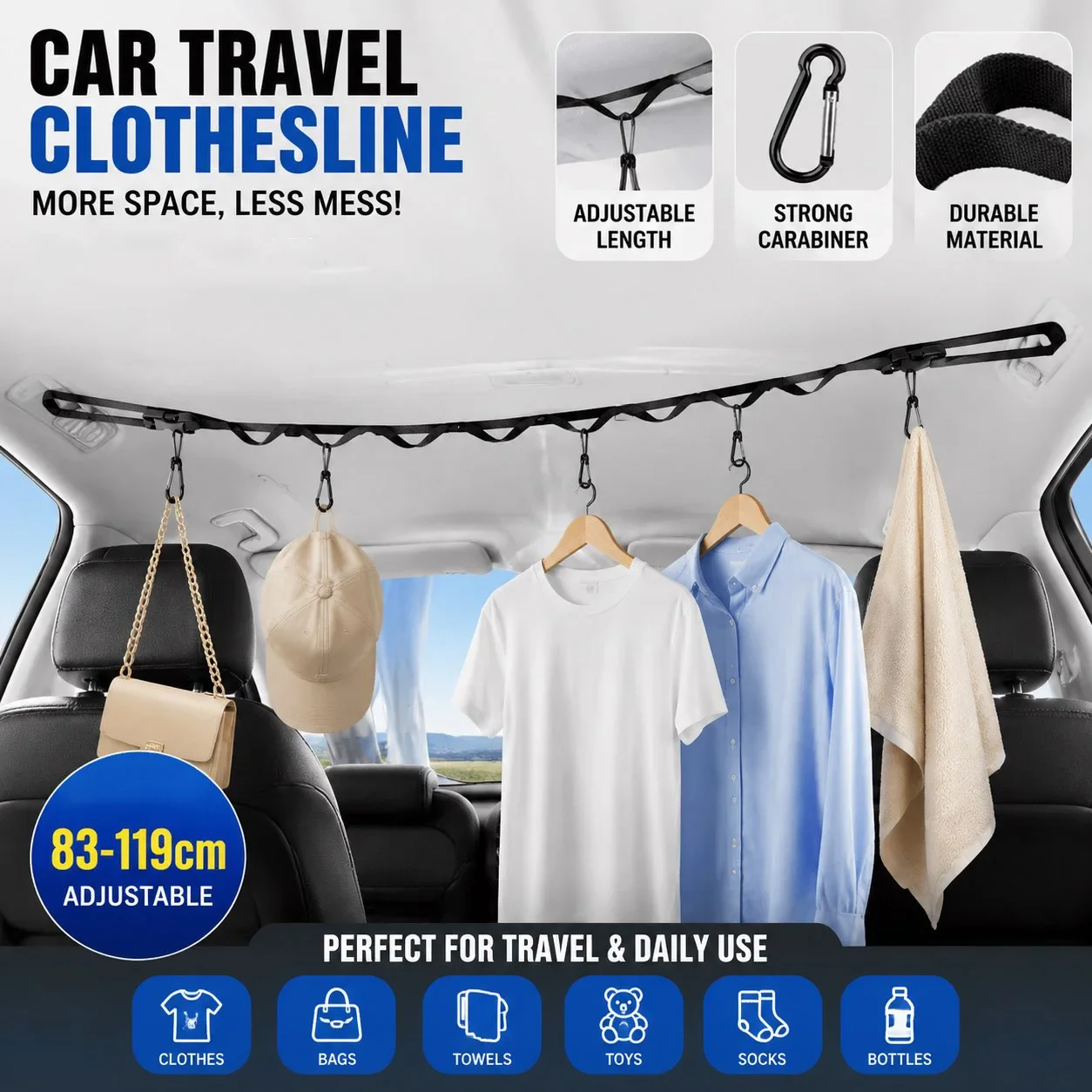 Multi Functional Car Rear Seat Clothes Hanging Rack Car Interior Clothesline Storage Organizer Travel Camping Vehicle Accessorie