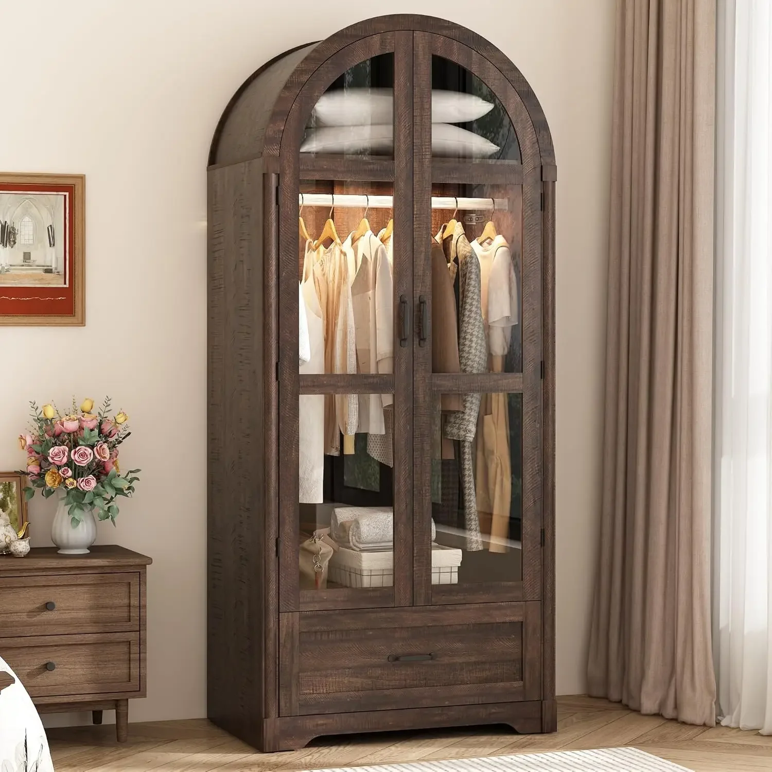 

2 Doors Arched Armoire Wardrobe Closet w/Drawers,LED Light,Wooden Closet Wardrobe Cabinet with Hanging Rod for Bedroom