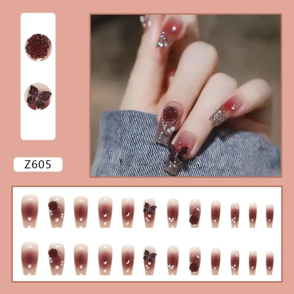 24pcs Detachable Manicure Full Cover French Crystal Press on Nails Glitter Foil Fake Nails Long French Ballerina