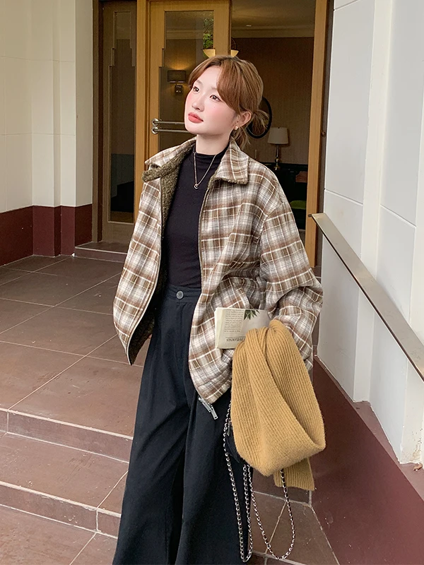 Damski płaszcz wełniany w kratę, ocieplany, jesienno-zimowy, nowy, do pracy, prosty krój, wersja koreańska, Jaet