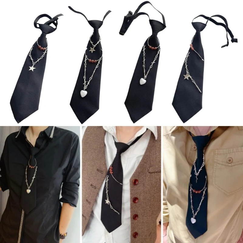 

Women Mens Pretied Small Tie Adjusted Punk Metal Chain Star Heart Crystal Jewelry Black Necktie Uniform Bowtie Collar