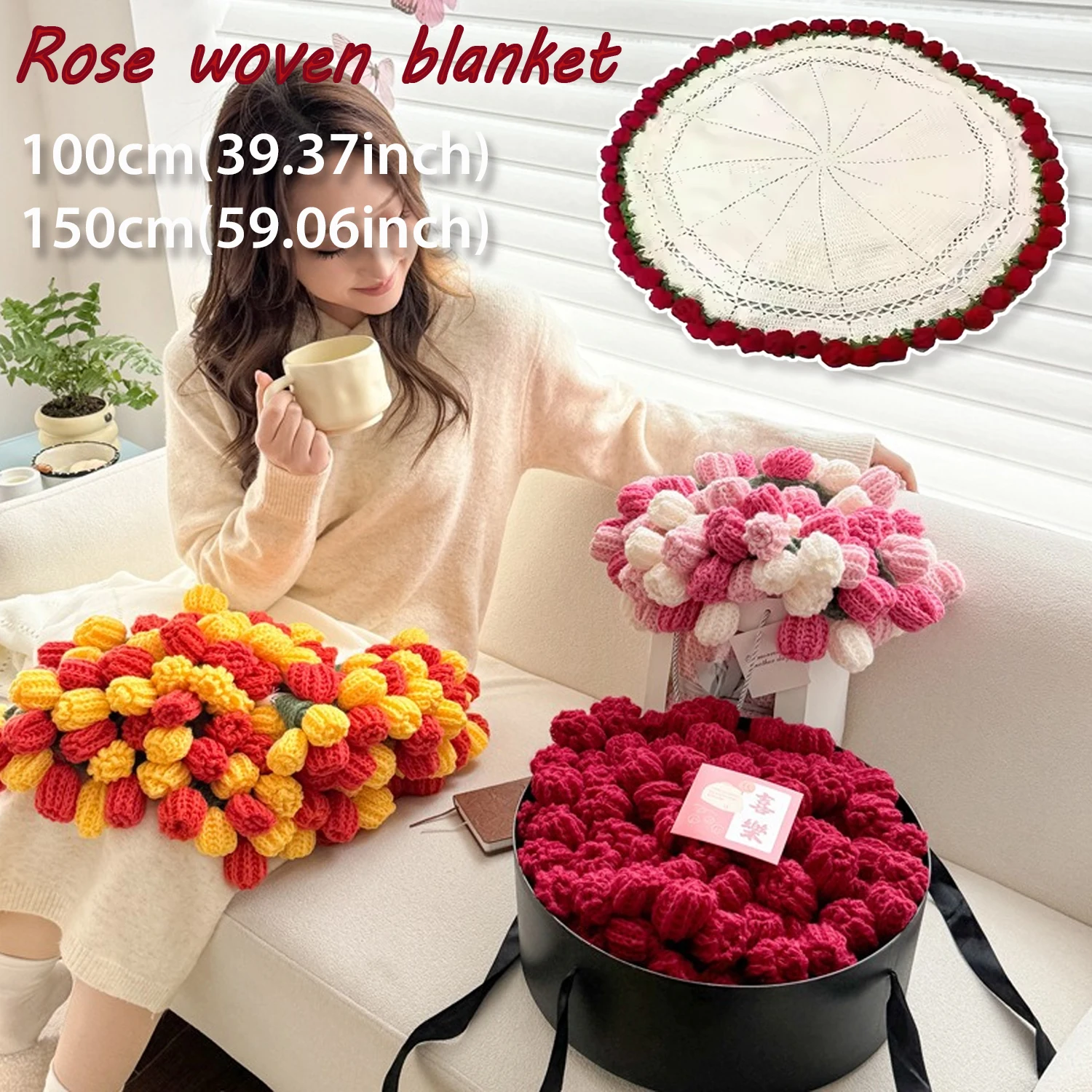 

100/150cm Crocheted Rose Bouquet Blanket Finished Product Hand Knitted Flower Bouquet Blankets Home Decor Bed Sofa Throw Blanket