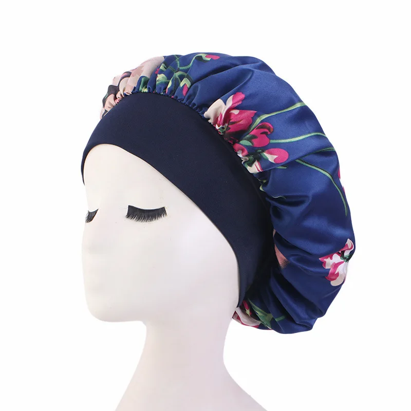 Satin Bonnets for Women Wide Elastic Band Floral Print Silky Headwrap Hijab Femme Hair Care Cover Hat Night Sleeping Curly Caps