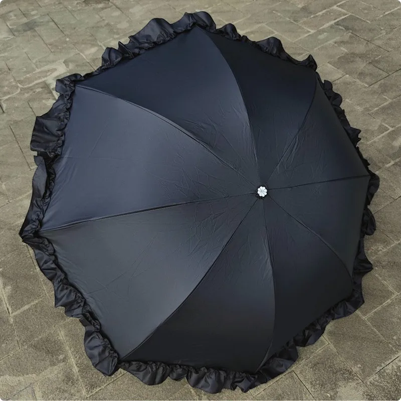 Classic Three Folding Sun Umbrella With Lotus Leaf Edge Lace For Sun Protection And Shade, Large Solid Color Sunny Umbrella