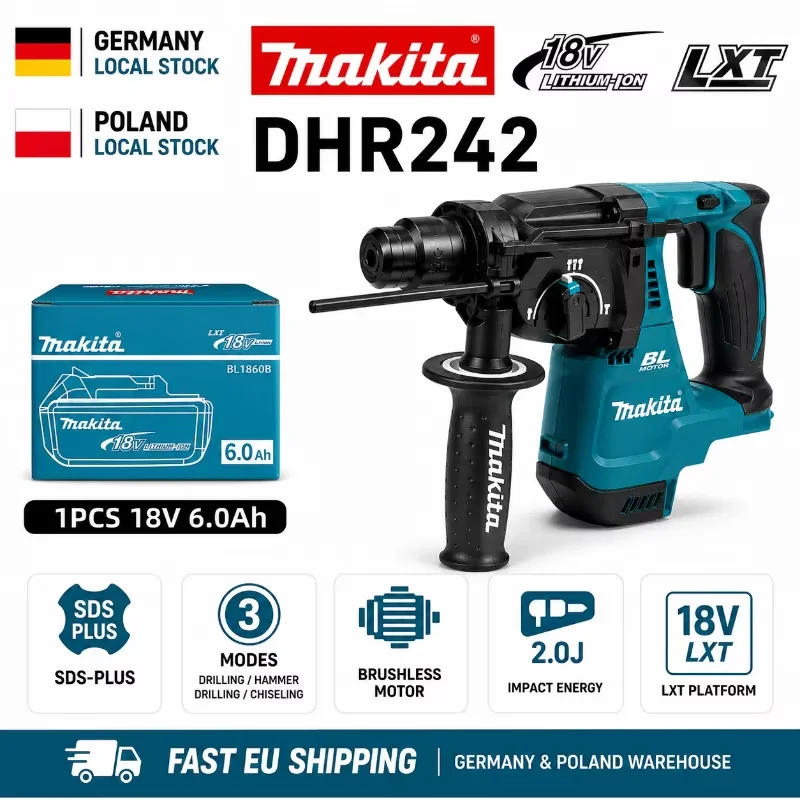 Image of Original Makita DHR242 Professioneller bürstenloser Bohrhammer-Kit, 18V LXT, 6,0Ah Akku enthalten, 24mm SDS-Plus, 2,0J Schlagenergie, schneller EU-Versand