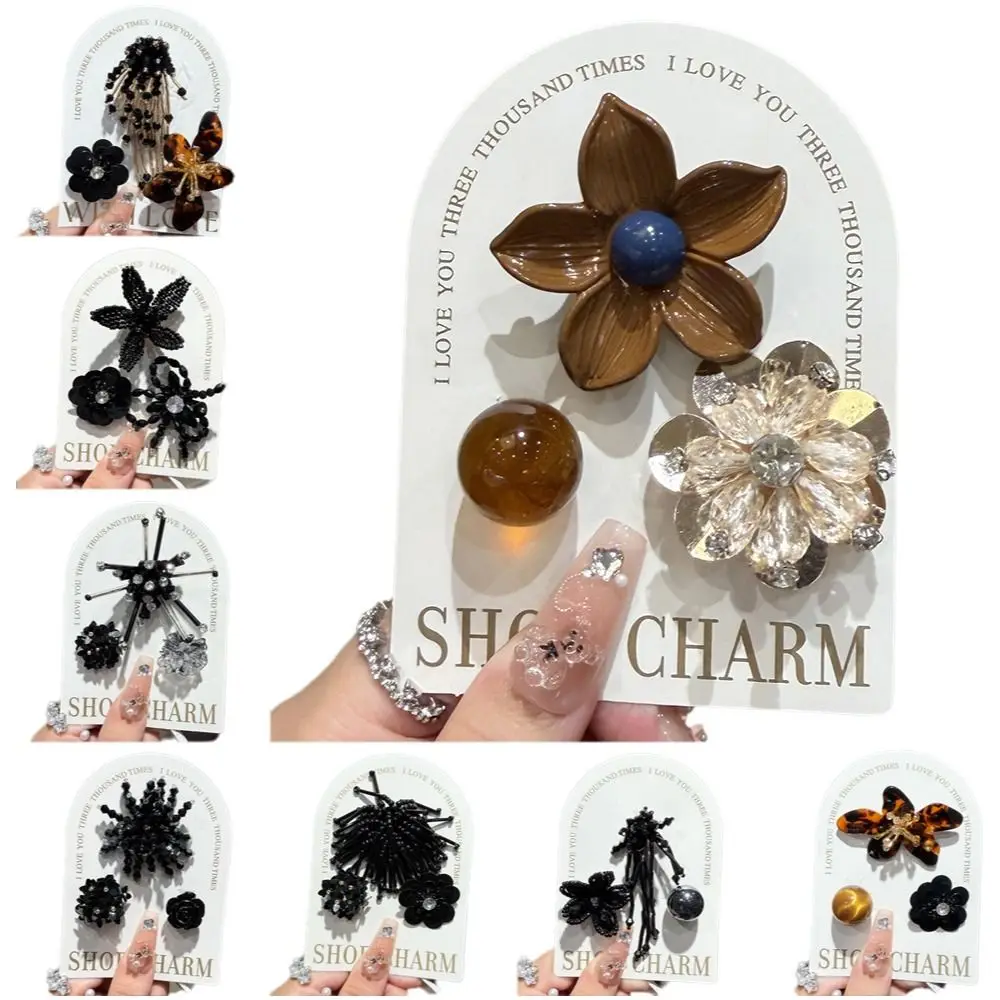 3pcs/set Flower Bead Chain Crystal Shoe Charms Sparkling Tassel Pearl Heavy Work Shoe Clips Handmade Elegant Jelly Flower Charm