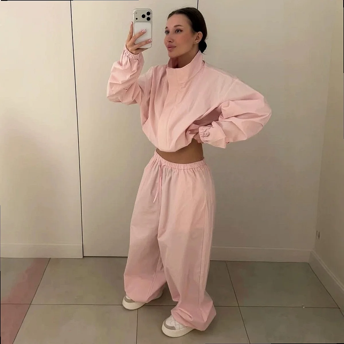 Casual Sport Matching Set Women Loose Stand Collar Short Zip Up Hoodie Jumpsuit Wide Leg Pants