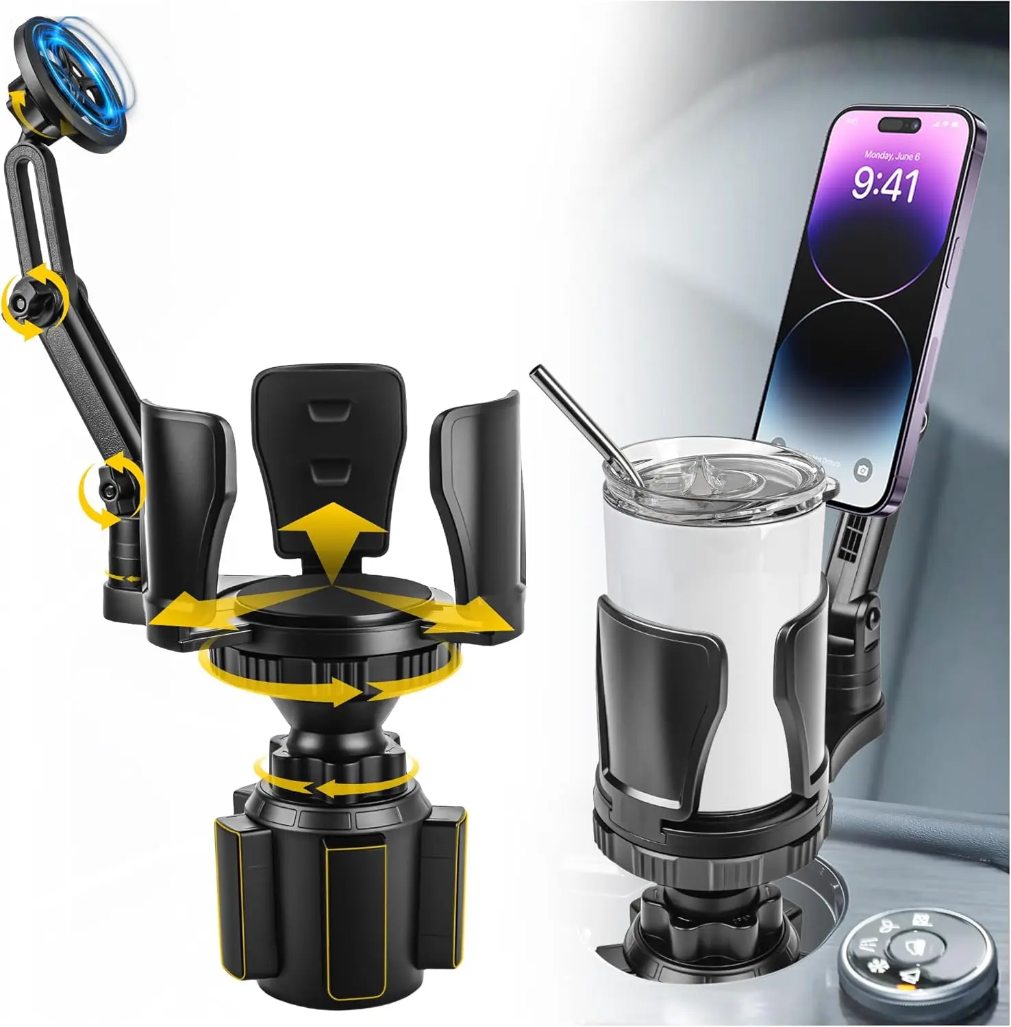 Car Cup Holder Expander with Magnetic Phone Mount - Adjustable Insert Fits 2.68-4.33
