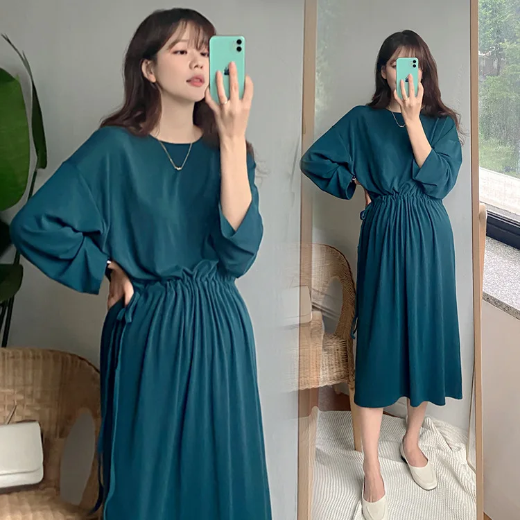 Korean Style Solid Color Maternity Chiffon Dress Long Sleeve Drawstring Waist Pregnant Woman Chiffon Dress Pregnancy Clothes