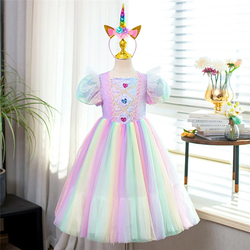 Girls Princess Dress Halloween Rainbow Cosplay Costume Dress Children Birthday Cartoon Theme Party Carnivl Fantasy Outfits