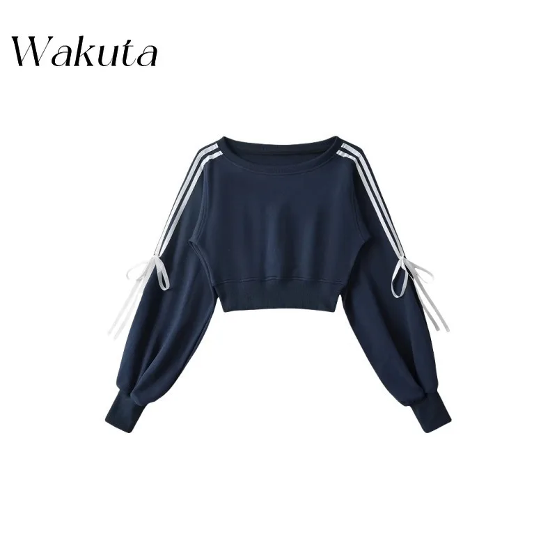 WAKUTA Korean Autumn Style Diagonal Shoulder Pullover Hoodie Niche Long Sleeved Patchwork Bow Tie Loose Waist Tanks コダック ポケモン