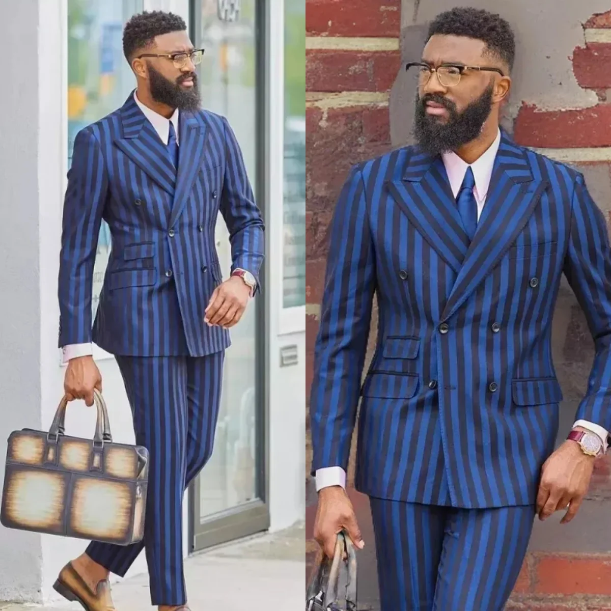 

Handsome Stripe Men Suits Set Vintage Double Breasted Tuxedos Slim Fit Smart Casual Jacket 2 Piece Formal Dress