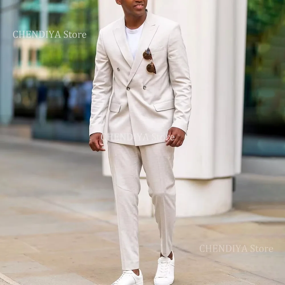 

New Fashion Men‘s Suits Creamy White Chic Peak Lapel Double Breasted Slim 2 Piece Prom Wedding Groom Terno Masculino Jacket+Pant