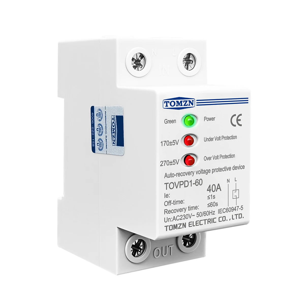 TOMZN 40A 230V AC Din rail 3 LED automatic reconnect over voltage and under voltage protective device protector protection relay