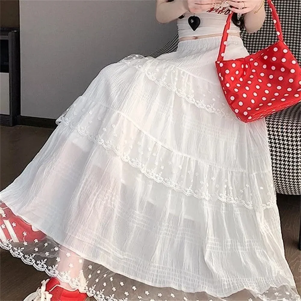 High Waist Lace Half Skirt Women'S Cake Style Mid-Length Gown Fresh Sweet Lining Net Material Casual Dance Korean Pleated Skirt