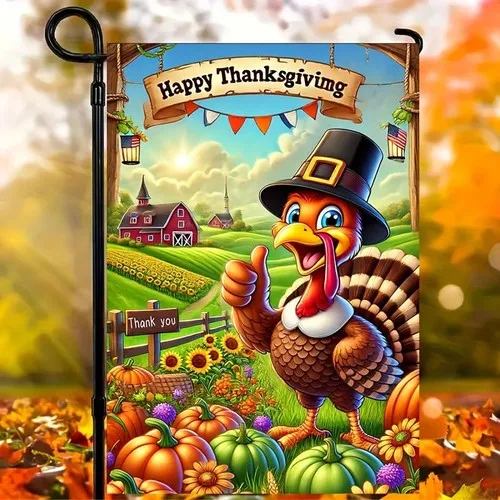 Happy Thanksgiving Garden Flags 12x18 inch with Cartoon Turkey and Turkey #1 RRM IIX SSL