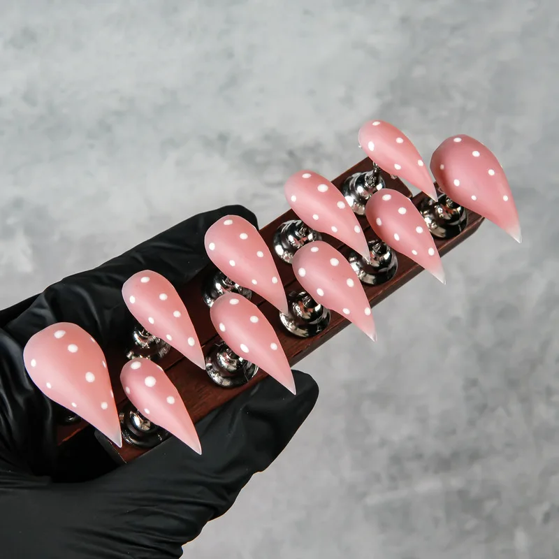 European and American foreign trade cross-border handmade dragon scales and claws wearable nails in pink polka dots, niche style