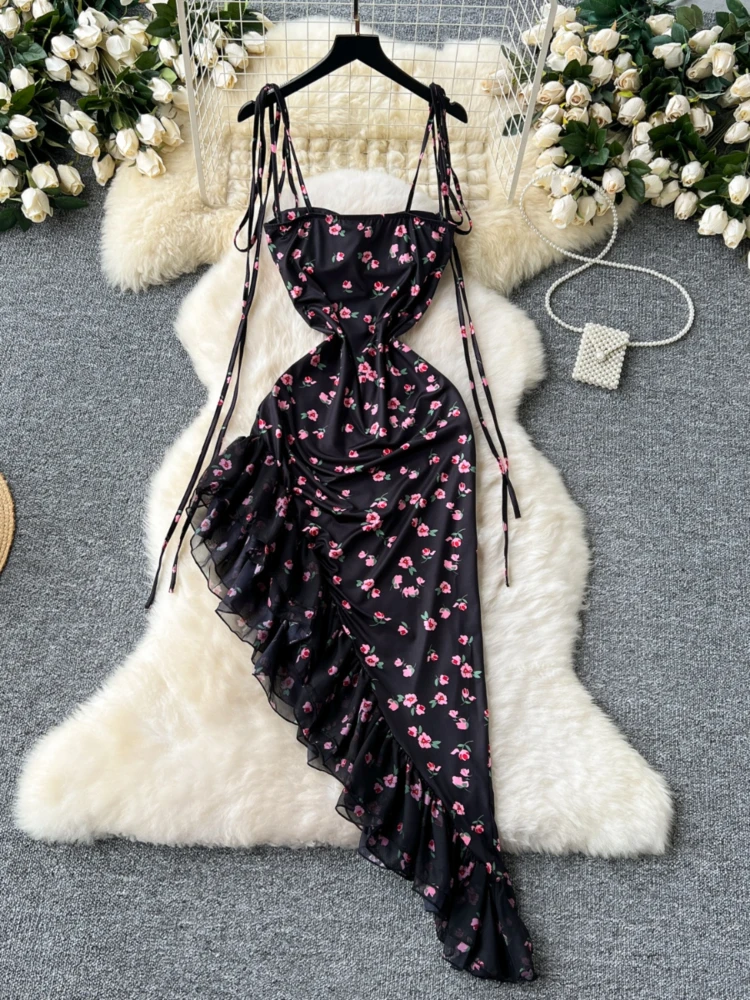 Foamlina Women Elegant Floral Print Summer Dress Sexy Tie-up Spaghetti Strap Sleeveless Slim Ruffles Irregular Party Long Dress