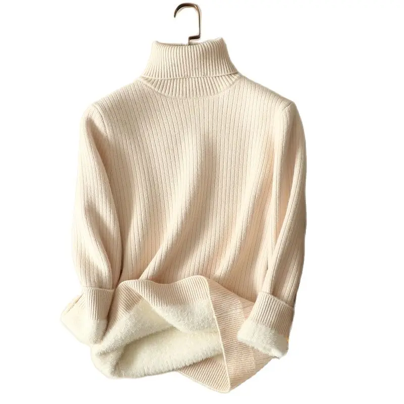 

Turtleneck Fleece Women Sweater Pullovers Thicken Solid Slim All Match Buttoming Female Pulls Tops