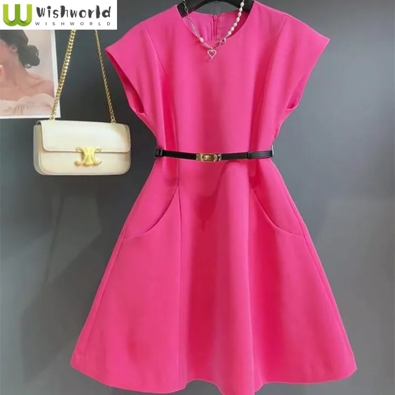 

Spring and Summer Rose Red Dress Korean Version New Fashionable and Casual Unique Waist Cinching Elegant Women's Dress