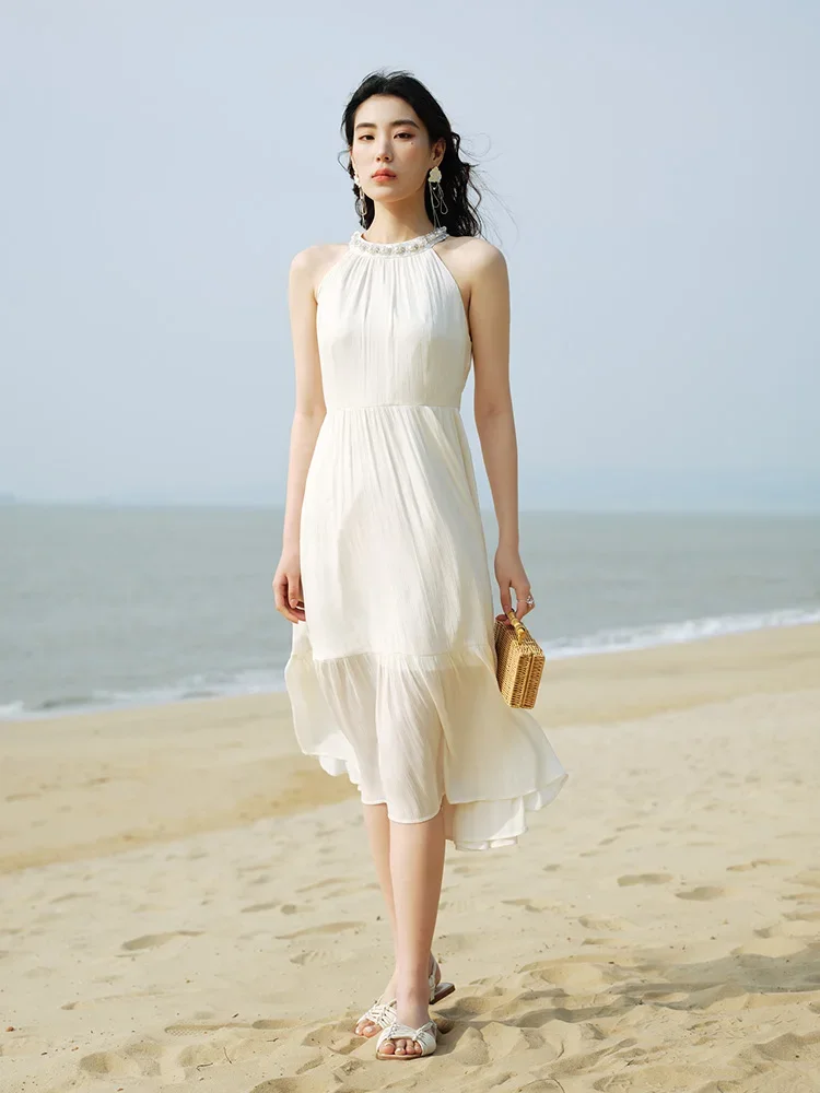 DUSHU Beige Holiday Halter Dress 2024 Summer New Women Long Loose Thin Dress Beaded Neckline Decoration Chiffon Dress 24DS82815