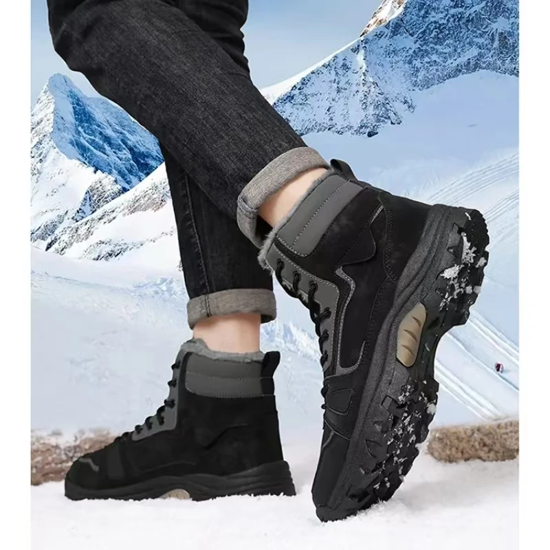 Botas de nieve altas de cuero para hombre, suela gruesa, antideslizantes, impermeables, de felpa gruesa, cálidas, de algodón, para invierno, 2024